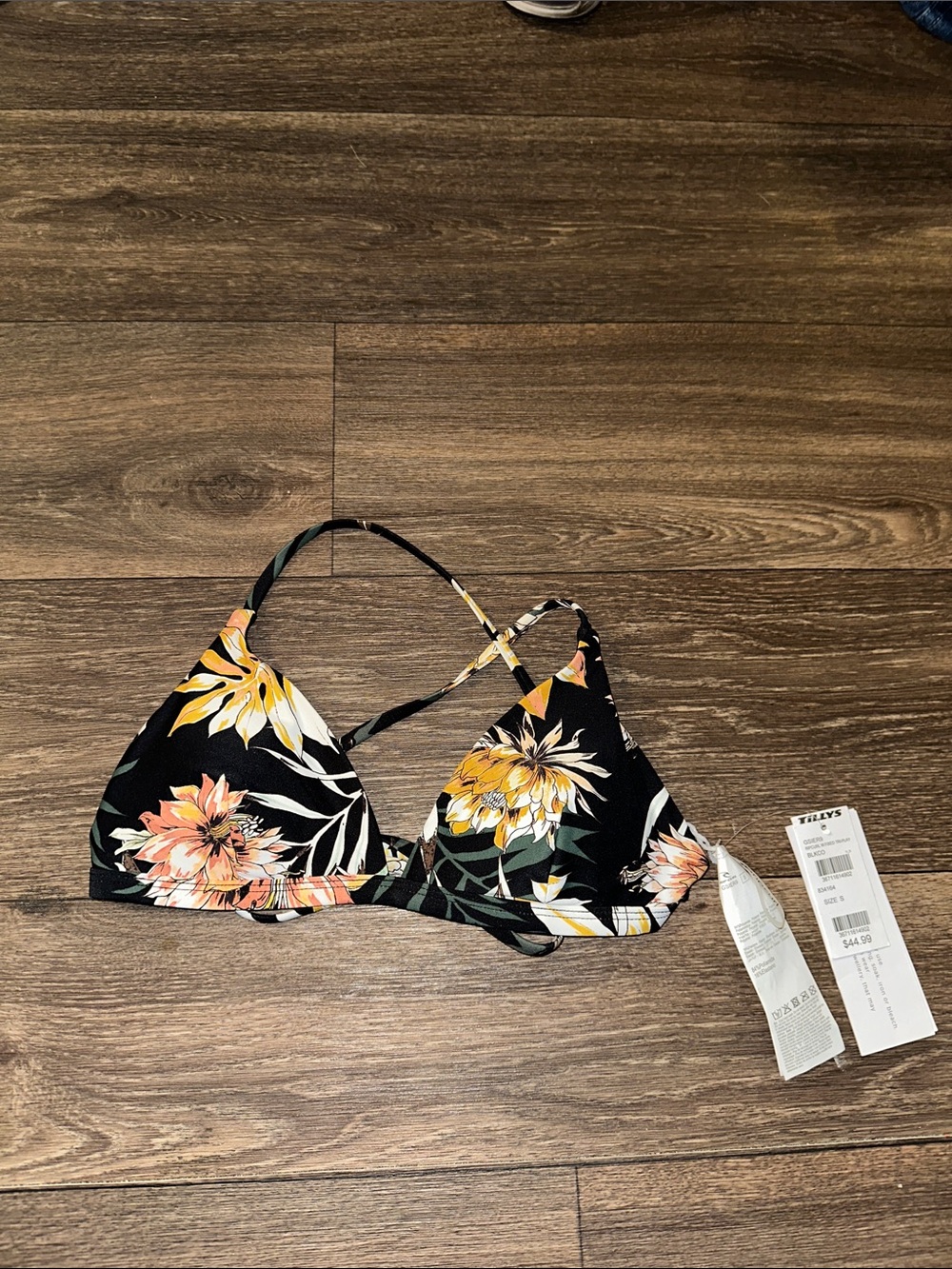 Rip Curl New navy Floral Triangle Bikini Top with Yellow & Peach Blooms